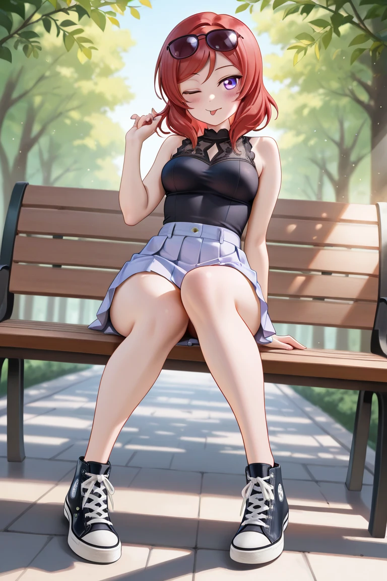 ((High Quality image 10k)) (( perfect autonomy)) Masterpiece, solo girl, brown eyes, red hair, wearing sleeveless black shirt, blue jean shorts, shorts are falling down, cute panties, sexy panties, evil smug grin, barefoot, Standing, in the park 