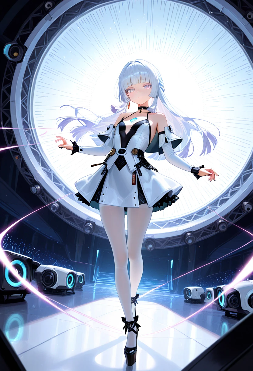 view from directly below, step on, sole, high image, super detail, high resolution, anime, manga, illustration, fantasy, super intelligent beauty, amorous expression, mysterious, embarrassed look, seductive look, laugh like a prankster, happy, shy, messy white hair, sparkling blue eyes, pink lips, black glasses, huge breasts, under boob, great proportion, perfect proportion, slender, full body, flared mini skirt, roll up the skirt, background Northern Renaissance style, fantasy, galaxy, magic circle, kaleidoscope, rainbow and gold neon light many lines, cyber punk