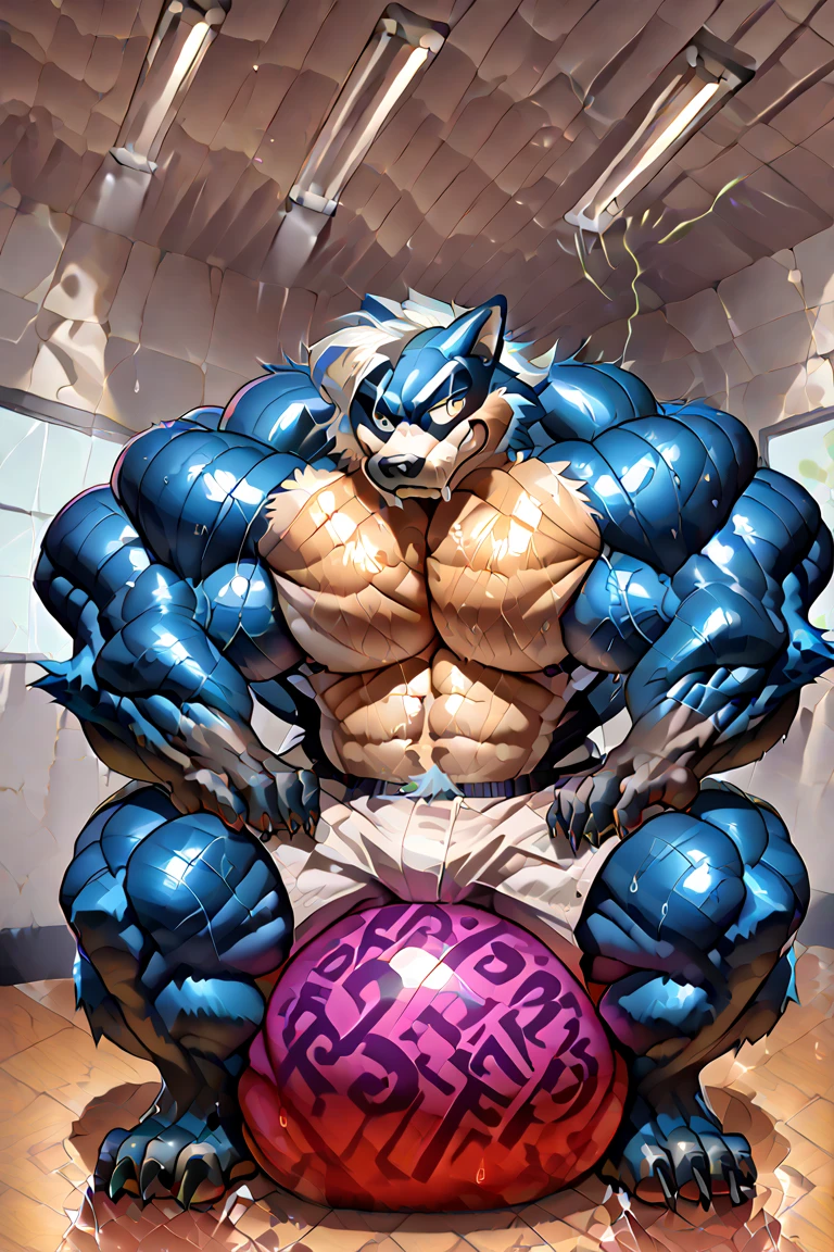 human nature, cannon, male, solitary, ((the strong,smart and masculine face,the most masculine daddy in the world,serious face)), ((huge blue dragon,super massive muscular,super masculine,fat coated muscle)),eight-pack abs,Feet facing the audience,((indoor)),daily clothes,Sweat:1.5,high quality, (4K,high quality, high resolution, masterpiece), cartoon,((by lindong,by magangz,by kusunagi)),sfw,live and clear eyes,have eyeballs