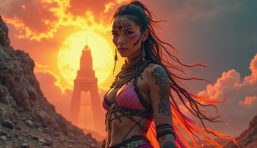 best qualityer, work of art, (realisitic:1.2), 1 girl, standing alone, Headshots, trunk, (Silhouette Lighting:1.2), tattooed red tribal, (darkskin:1.2), Tribal Bikini, face painting, face marker, hourglass figure, ancient ruins at dusk, twilight