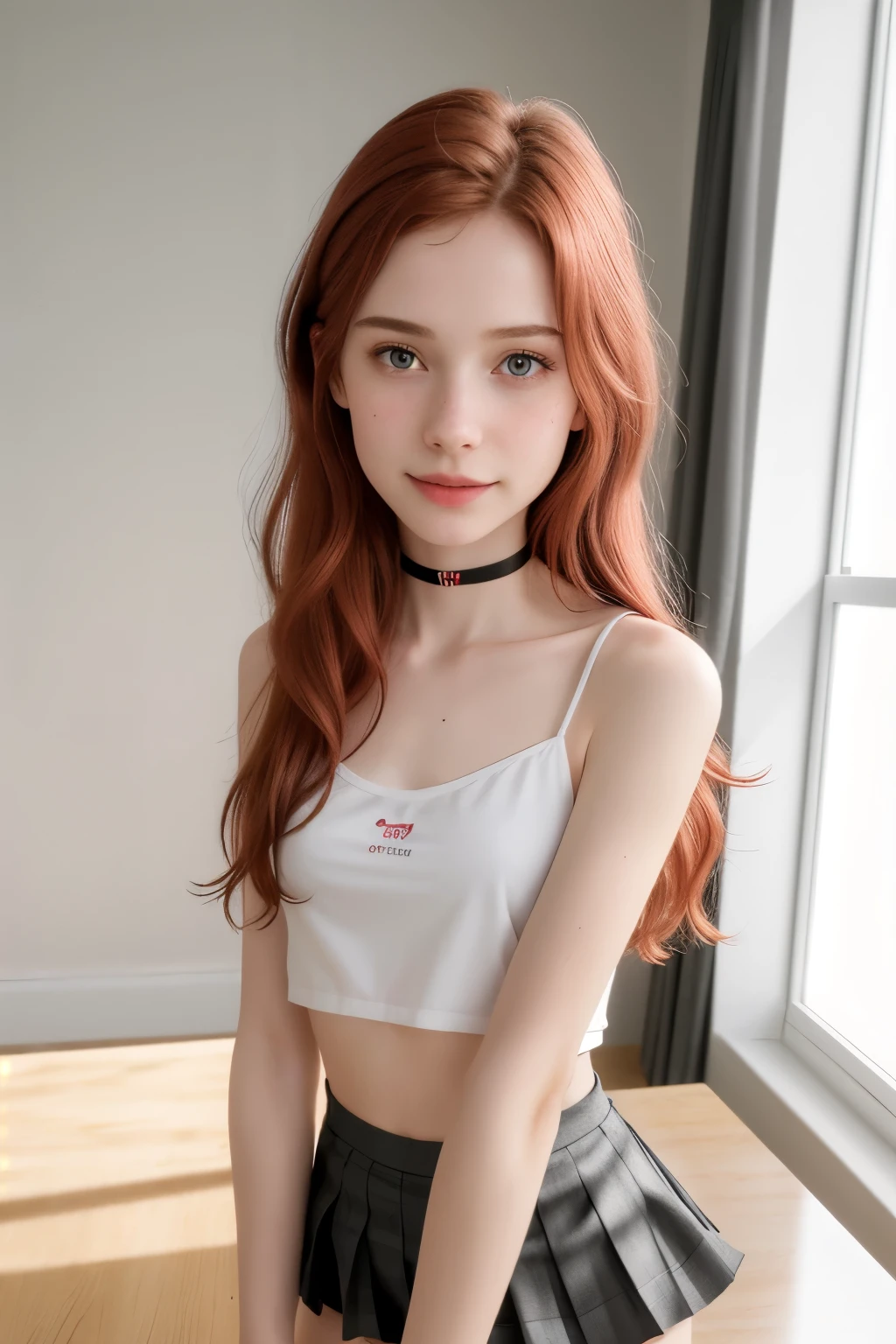 RAW photo,( skinny redhead girl:1.2), wearing a sheer school shirt and pleated skirt, in a classroom, (best quality, high quality), hyperdetailed, highres, high detail, intricate detail, HDR, 8k, sharp focus, detailed background, perfect hands, realistic eyes, detailed skin texture, (blush:0.5), (goosebumps:0.5), subsurface scattering, 16K, ultra high res. photorealistic, HDR, UHD, DSLR, RAW, cinematic lighting, dimples on the cheeks , blush, graphic eyeliner , rouge, ( lipstick:0.6), (choker:0.9), Realistic skin texture , (red:0.8), warm lighting , cozy atmosphere, instagram style, Not suitable for work , naive, shy, , delgado, fit, beautiful, beautiful, pale skin, Photorealistic, skinny bodie, smiling happily, very long red hair with hair ties. (toned arms:1.1) Beautiful detailed face, small tit, thin girls, thin girl, skinny girl.
