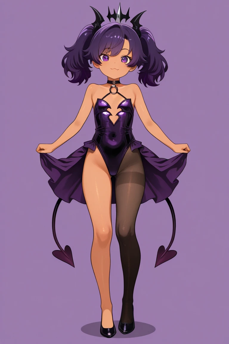 Highest quality Best image quality Adult-like body type Draw a face carefully High quality anime style faces Super shiny skin Black and purple leotard Pink Pantyhose Succubus Lure smile Rear View