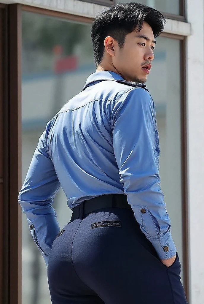 40-year-old boy ,Korean bulky male officer ,Wear navy blue police uniform shirt................ Thigh micro thong, ((unrealistic super big tight butt )), turn back to look at the camera, squatting on the ground.