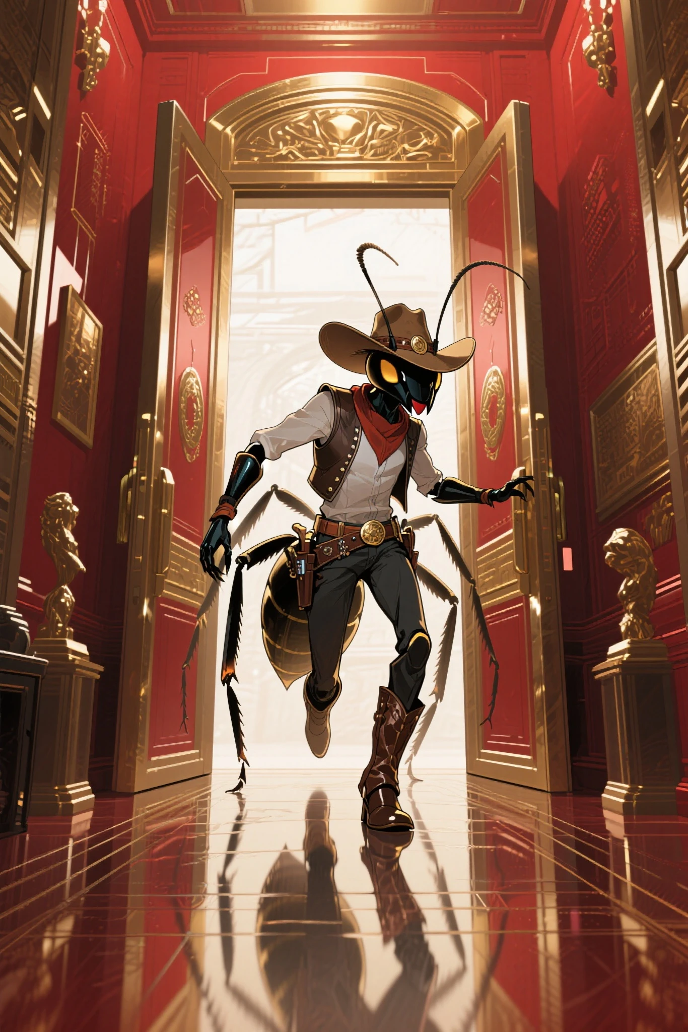 Giant cowboy ant enters the hall, animated, sci fi, realistic, anime, Western style