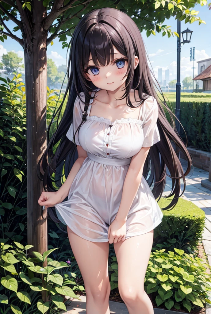 ((1 Girl)), Latest Trends in Clothing,hydrangea,rain, garden,soaked,cute,Wet clothes, Light-colored clothing, smile, Light purple and white outfit, Long skirt, Street fashion,Cowboy Shot,((Very detailed,Highest quality, High resolution, 8k wallpaper, Beautiful clothes,)),((Dark purple hair, Long Hair,Straight hair)) ,(Glowing green eyes),eye shadow, eyeliner,Glowing Eyes, Very detailed目, (Beautiful eyes with highlights), 18-year-old girl.