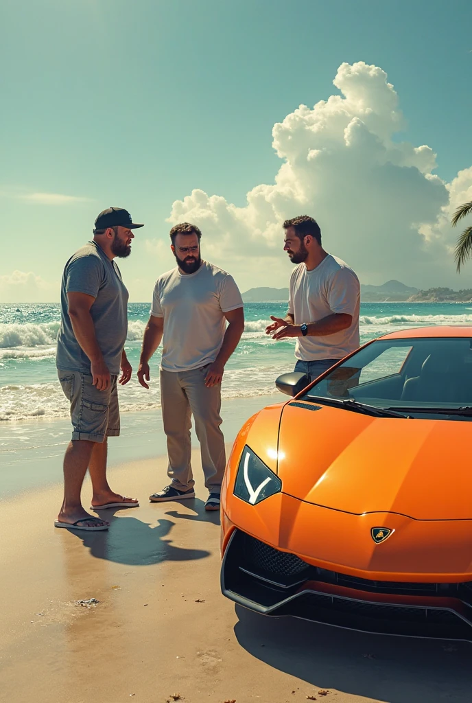 european, european men, posing, detailed face, car and people, people standing in front of car, laughing, smiling, happy, group, men, elite, muscular, brotherhood, Black Brabus, Brabus G Wagon, Mercedes, surfboards in the background, (brotherhood, group of elite men) muscular, sporty, rich, luxury, beach, sun, fitness, shredded