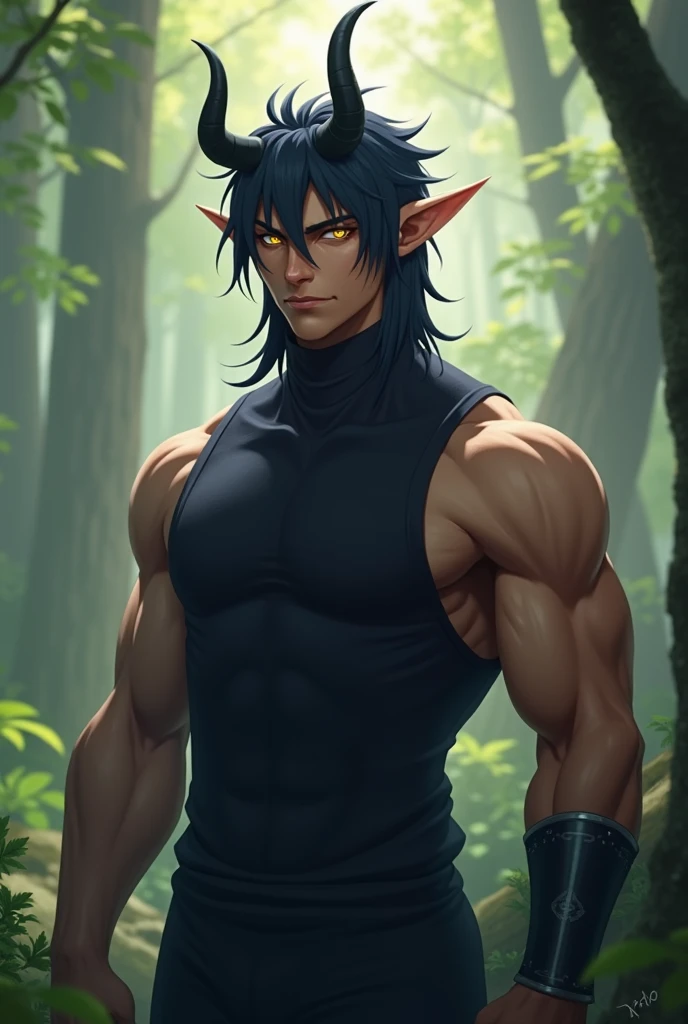 (Solo 1man) 1 male elf (pointed ears) messy shaggy black hair, the main protagonist of Final Fantasy XVI, high rez, 8k, beautiful composition, ultra detailed, twink, lithe slender build, sexy young man, shirtless, brown pants, short sword, alluring pose, sitting down