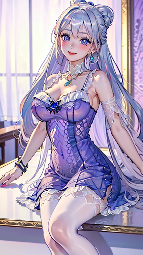 (masterpiece, best quality:1.2), 1girl, solo, white hair, black gloves, hand up, black stockings, indoors,smirk