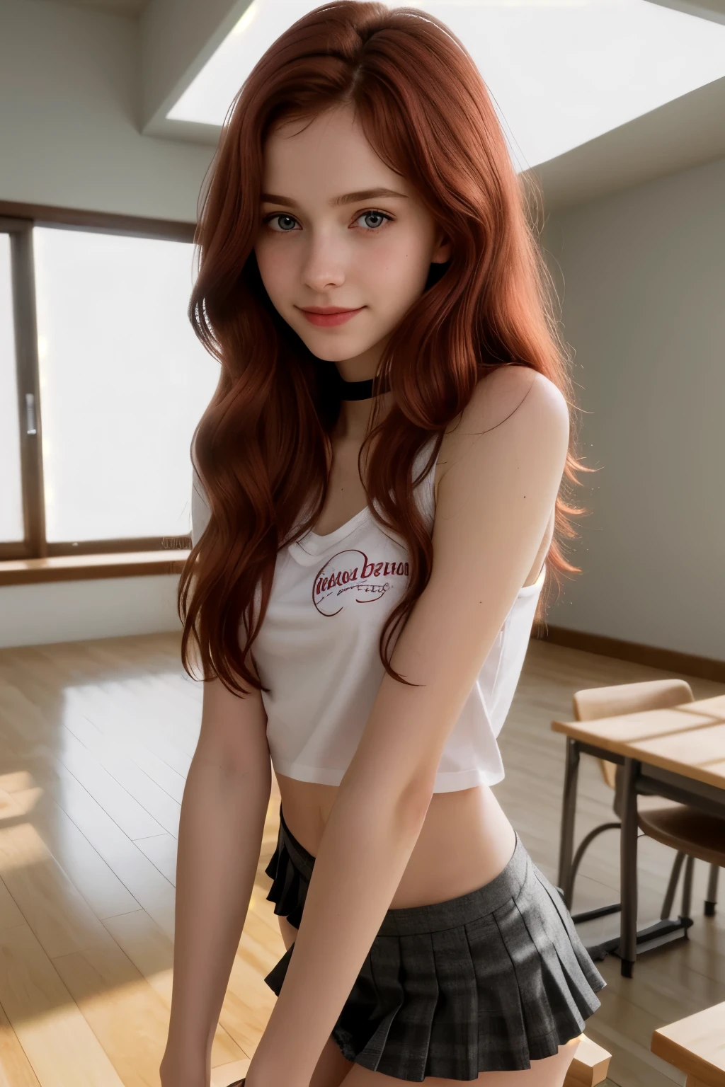 RAW photo,( skinny redhead girl:1.2), age13, wearing a sheer school shirt and pleated skirt, in a classroom, (best quality, high quality), hyperdetailed, highres, high detail, intricate detail, HDR, 8k, sharp focus, detailed background, perfect hands, realistic eyes, detailed skin texture, (blush:0.5), (goosebumps:0.5), subsurface scattering, 16K, ultra high res. photorealistic, HDR, UHD, DSLR, RAW, cinematic lighting, dimples on the cheeks , blush, graphic eyeliner , rouge, ( lipstick:0.6), (choker:0.9), Realistic skin texture , (red:0.8), warm lighting , cozy atmosphere, instagram style, Not suitable for work , naive, shy, , delgado, fit, beautiful, beautiful, pale skin, Photorealistic, skinny bodie, smiling happily, very long red hair with hair ties. (toned arms:1.1) Beautiful detailed face, small tit, thin girls, thin girl, skinny girl.