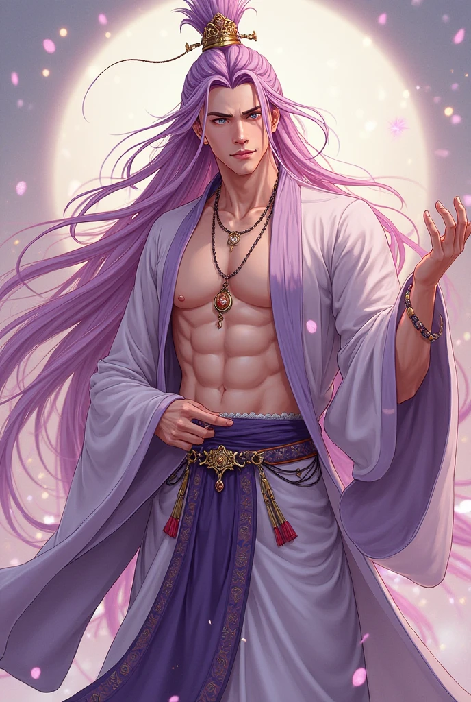 ((best quality)), ((masterpiece)), ((ultra-detailed)), ONYX11, A 25-year-old mature male with strong muscles, very detailed flawless face, seductive smile, Realistic face, realistic eyes, (mismatched pupils), pair of black demon horns pointing towards the face, (muscular) bodybuilder, ((big muscles)), ((large pectorals)), narrow waist. BREAK Look at me, Line of sight focusing, Stand, wearing a semi transparent purple arabic dance costume, with gold trim on the belt, (((Very very long purple & blue gradient hair))), (((mullet cut))), Indoor, Outside the window is the garden. BREAK textured skin, 8k