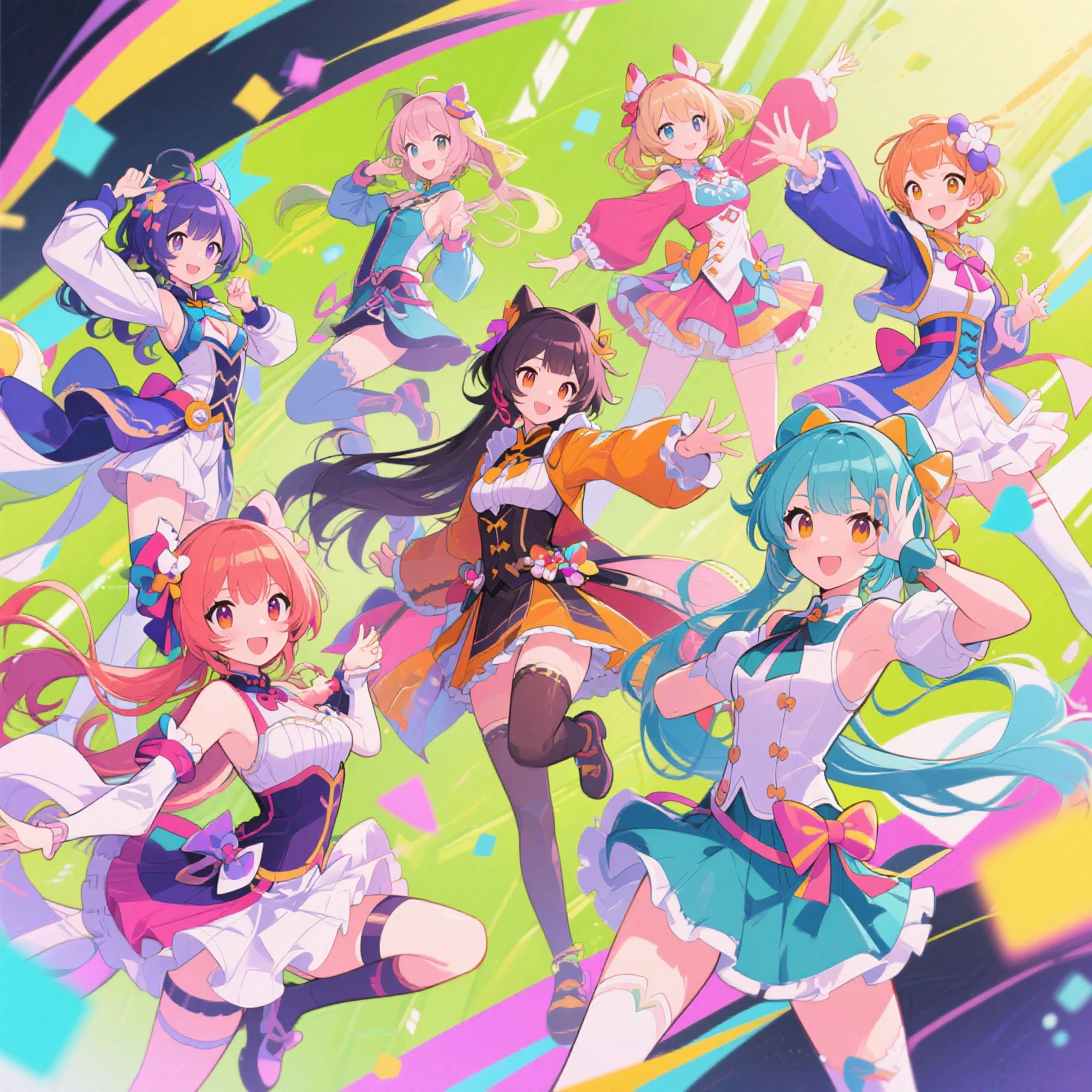 An idol group is blowing kisses。dance。on stage。A colorful world。