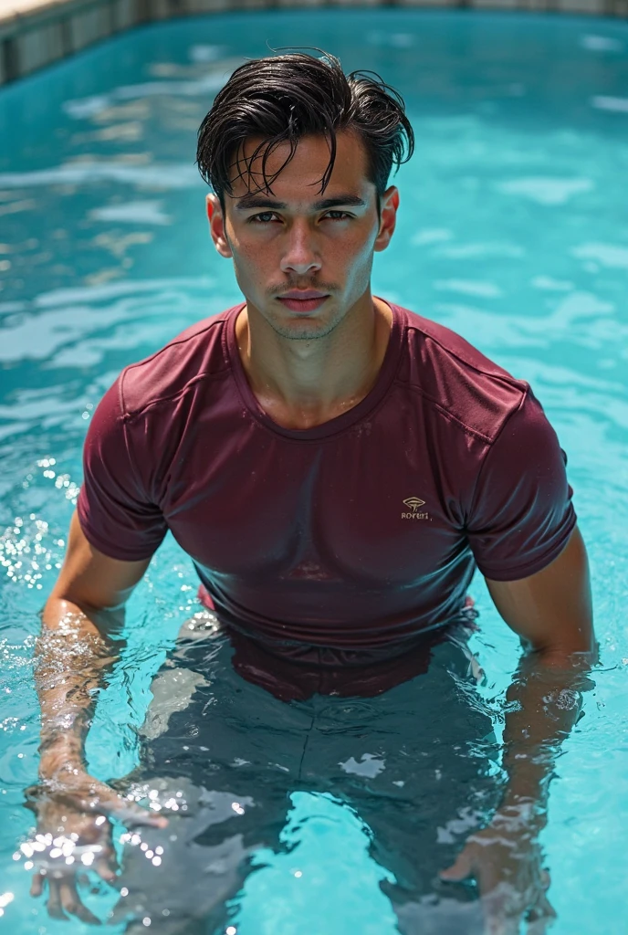 1 handsome young man, fair skin, Stomach, chest muscle, tubuh berotot, hairy, Swimming goggles, without a piece of cloth, swimming pool,ada wanita cantik di sampingnya
