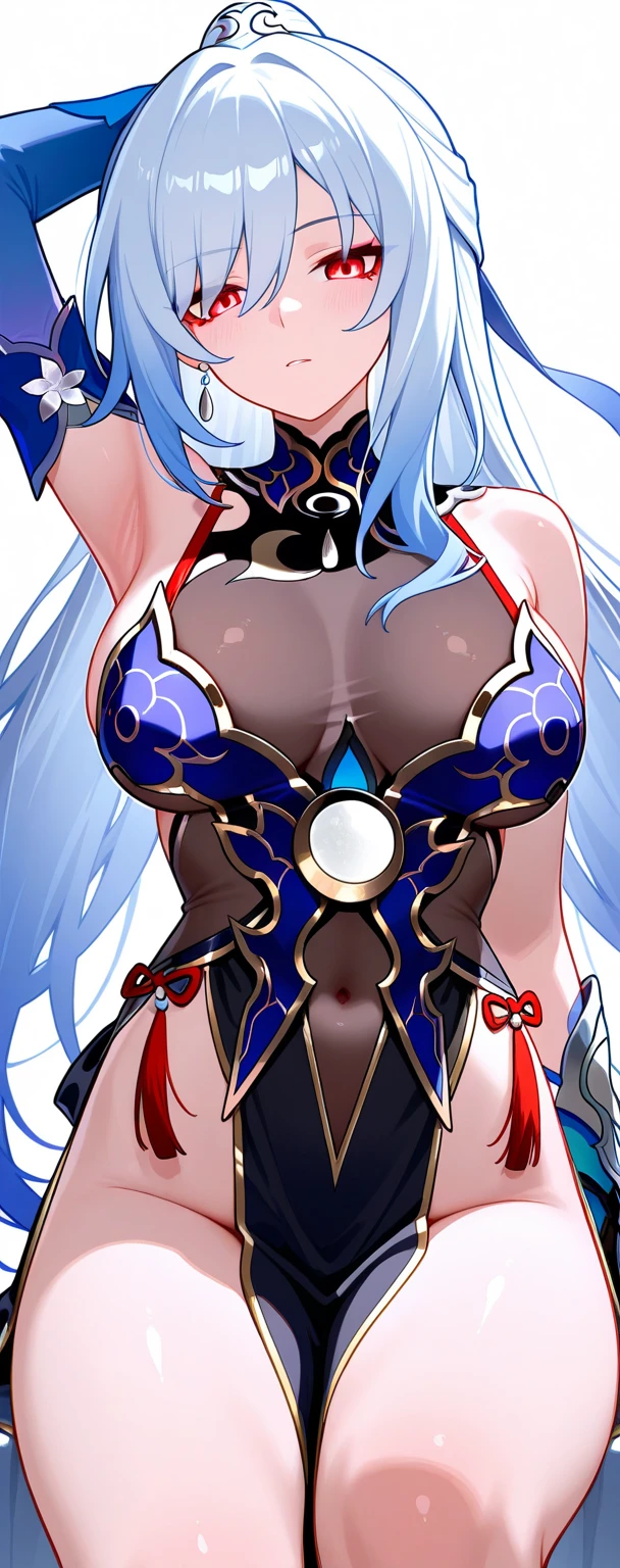 Blue Star,Twin tails,See-through,Top view,Standing on a white floor,See-through,Blue light pattern,sexyデザインのSee-throughボディスーツ,Transparent skin,胸元にBlue Starのデザイン,胸元がSee-throughボディスーツ,Shiny bodysuit,sexy,Big blue light bracelet,Big blue light anklet,Blue light accessories that dig into your thighs,Accentuated chest,Accentuated chest shape,Close-up of face and chest,