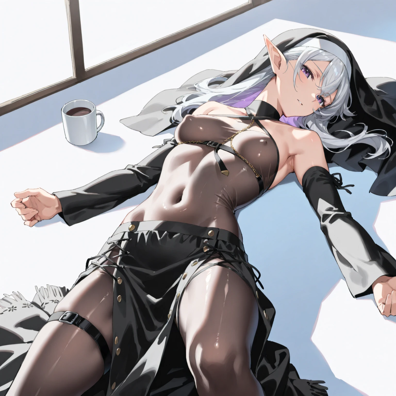 drow, female, pointy ears, solo, elf, colored skin, midriff, looking at viewer, long hair, dark elf, breasts, white hair, medium breasts, red eyes, (((dark black skin, naked, ((black stockings)), lying on luxury bed, spread legs, arms tied with rope to bed, fucked thousand times, tired, scared, rolling eyes, crying, opened mouth, tongue out, cum overflow, covered in cum, cum in mouth, kidnapped))), small horns, red eyes, glowing eyes, lips, ((masterpiece, best quality)), art by greg rutkowski, trending on artstation, ahegao, rolling eyes, blush, drooling, saliva, blush, shows chest, masterpiece, best quality, highly detailed, (8k), (4k), HDR, beautiful detailed girl, beautiful detailed face, beautiful detailed eyes, perfect shadow, masterpiece, best quality, perfect skin, shiny skin, perfect hands