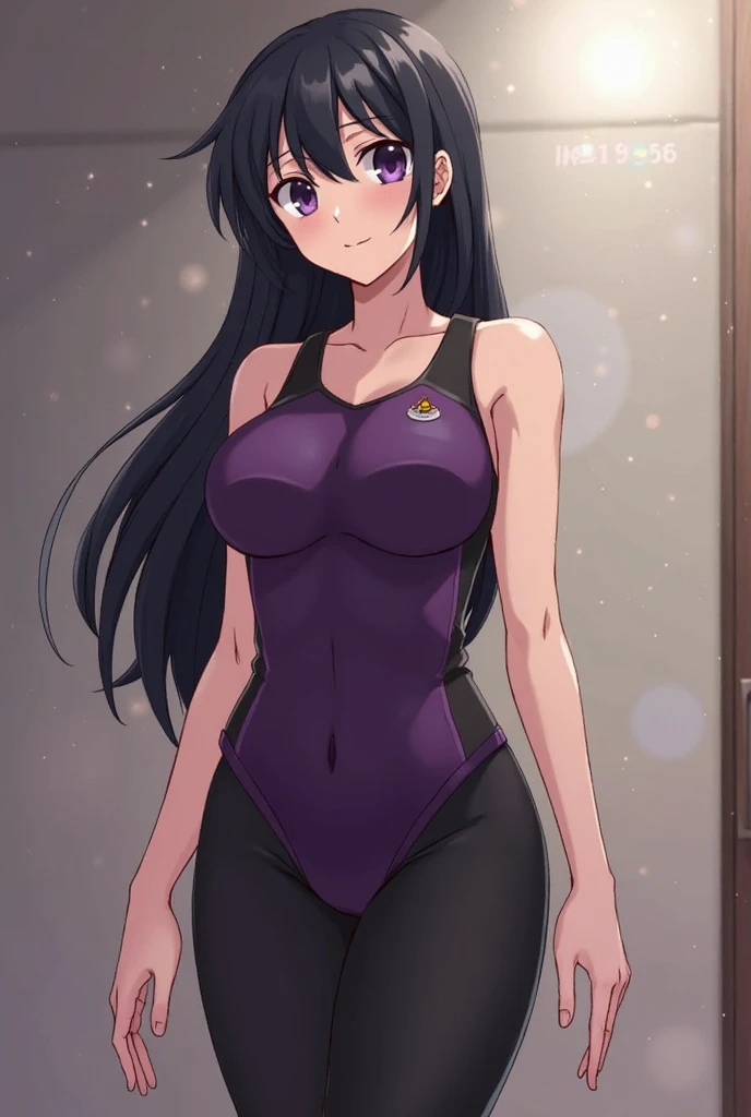 2d, masterpiece, ((squating)), living room, best quality, full body, full pose, anime, highly detailed, cowboy shot, 1girl, solo, yuri, purple hair, purple eyes, long hair, hair between eyes, hairclip, medium breasts, ((one body blue swimsuit)), thights, slim body, slim legs, bare legs, ((smug face)), blushing, red face, ((bare legs)),((black school shoes:1.4)), ((looking at viever)),