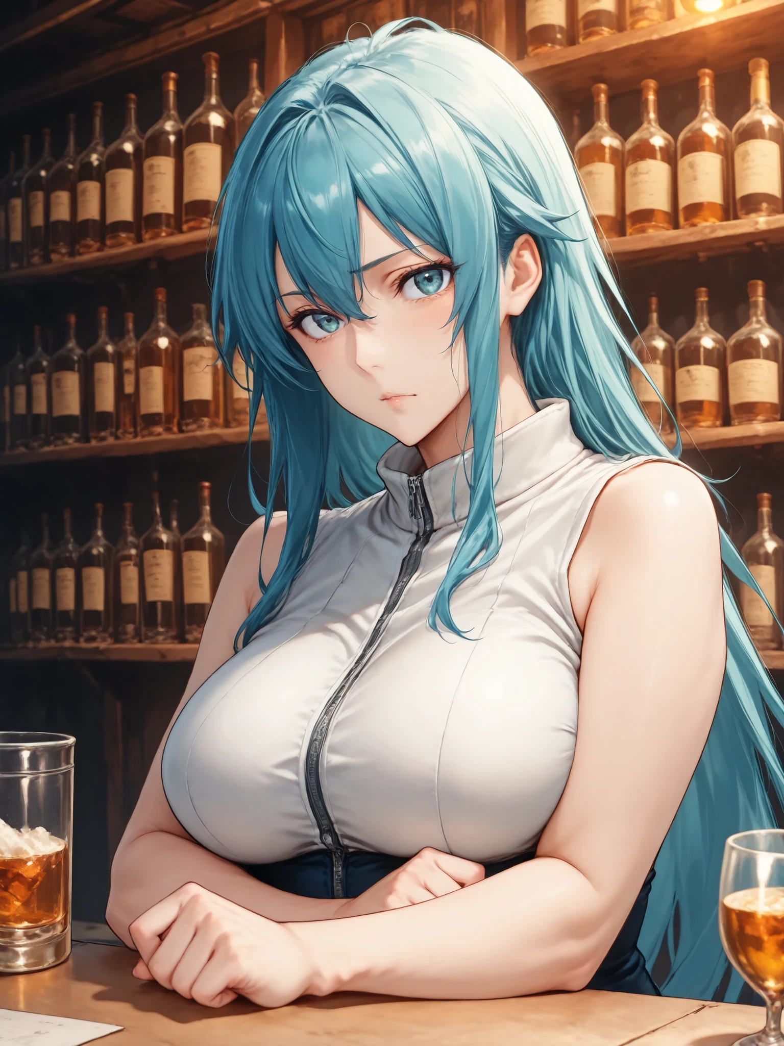 (隠れ家,bar,winery),ファンタジーワールド, score_9, score_8_up, score_7_up, masterpiece, source_anime,Fist of the North Star _rei,1girl,blue iong hair, 高度な詳細なノースリーブブラックチュニック, サイドスリット, 革のブーツ, 長いマント, ロングヘアスタイル, 細い青髪, シネマティックな照明, 劇的な雰囲気, 複雑なディテール, 鮮やかな色彩, ファンタジーの風景, デジタルアート ,