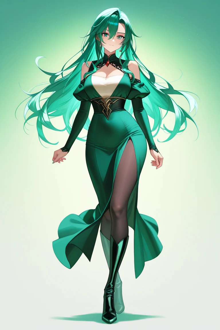 (masterpiece, top quality, best quality, official art, beautiful and aesthetic:1.0), (8k, best quality, masterpiece:1.2), very long hair, full body, (large breasts:1.4), very long hair, high heels, (bodysuit:1.2), green hair, tall girl,