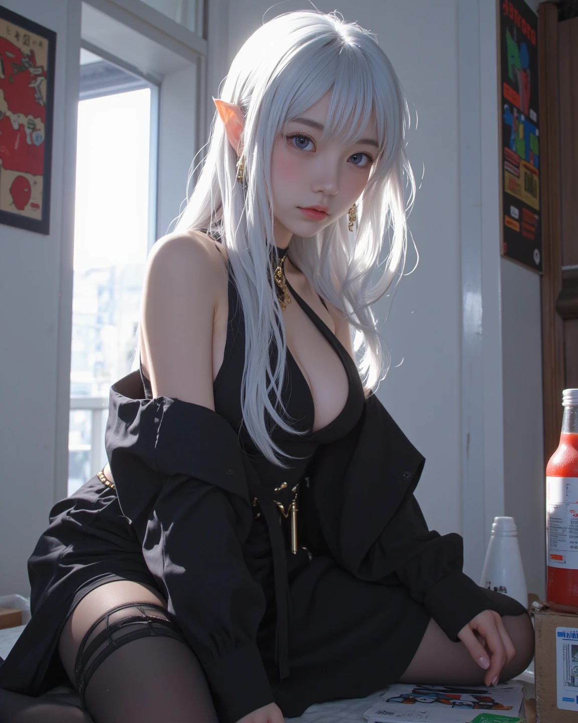 anime woman drinking at a tavern, long curly hair, white hair, vampire, busty, dark colored detailed clothing, oil painting, detailed face,UHD, hd , 8k, fullbody view , side view, hyper realism, Very detailed, zoomed out view, full character in view --auto --s2