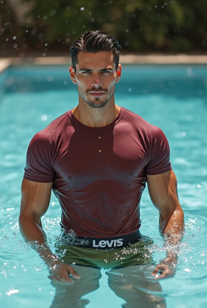(1boy, photorealistic:1.4, ultra realistic, masterpiece:1.2, best quality, 4k, 8k), handsome male model laying on a lounge chair sunbathing by a pool, wearing a swim briefs and sunglasses, summer vibes, relaxing moments, delicate skin, detailed face, ultra realistic skin, shot on Nikon d850 50mm, dlsr, RAW, natural lighting, mid summer day