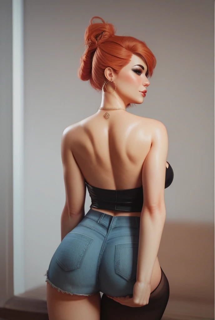 8K, Top Quality, Intricate Details, Ultra Detail, Ultra High Resolution, Masterpiece, close up shot, shot from behind, (Looking back), (full body: 1.1), Slender, Smile, (Makeup: 0.4), ,((red  eyes, red hair,   bangs, messy hair)), (Fluffy  Eyes: 1.21), (()), 1girl, solo, 1 girl, (()), close up shot, , ((tall)), (((fit body))), (((slim face))), sharp face, ((spread leg , standing))  ,(detailed face), sharp face, small lips, , ,(( ass up, butt cheek,)) ,, ,
 ((,)), , ((naked, nude, )), detailed face, ((detailed breast, large breast, huge breast, detailed ass , detail nipples )),, Narrow Waist, Skinny, tall , 190 cm tall, Muscular, Navel, Exposed Abdomen, Pointed Chest,, Beautiful girl with accentuated slender abs: 1.4, Six Pack Abs: 1.4, , Perfect Body, detail legs, (( dark background)), black background,