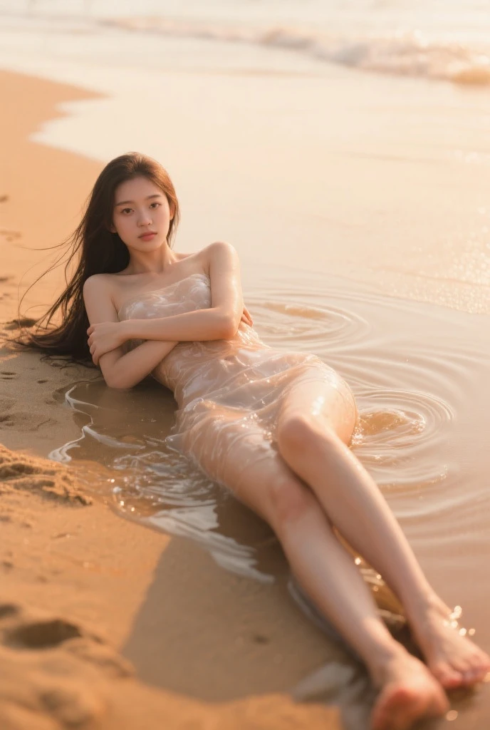 Thai woman wearing an off-the-shoulder, flowing-waisted evening dress, plain light orange, long hair, white body, face swept on the beach, hot weather., full body,
Good atmosphere, 3D feel, 3d picture,The most realistic picture Very beautiful reflection, (Very detailed 8k Unity CG wallpaper.),
(best quality best), (best shadows), quiet art thai remote view realistic painting full body oil painting