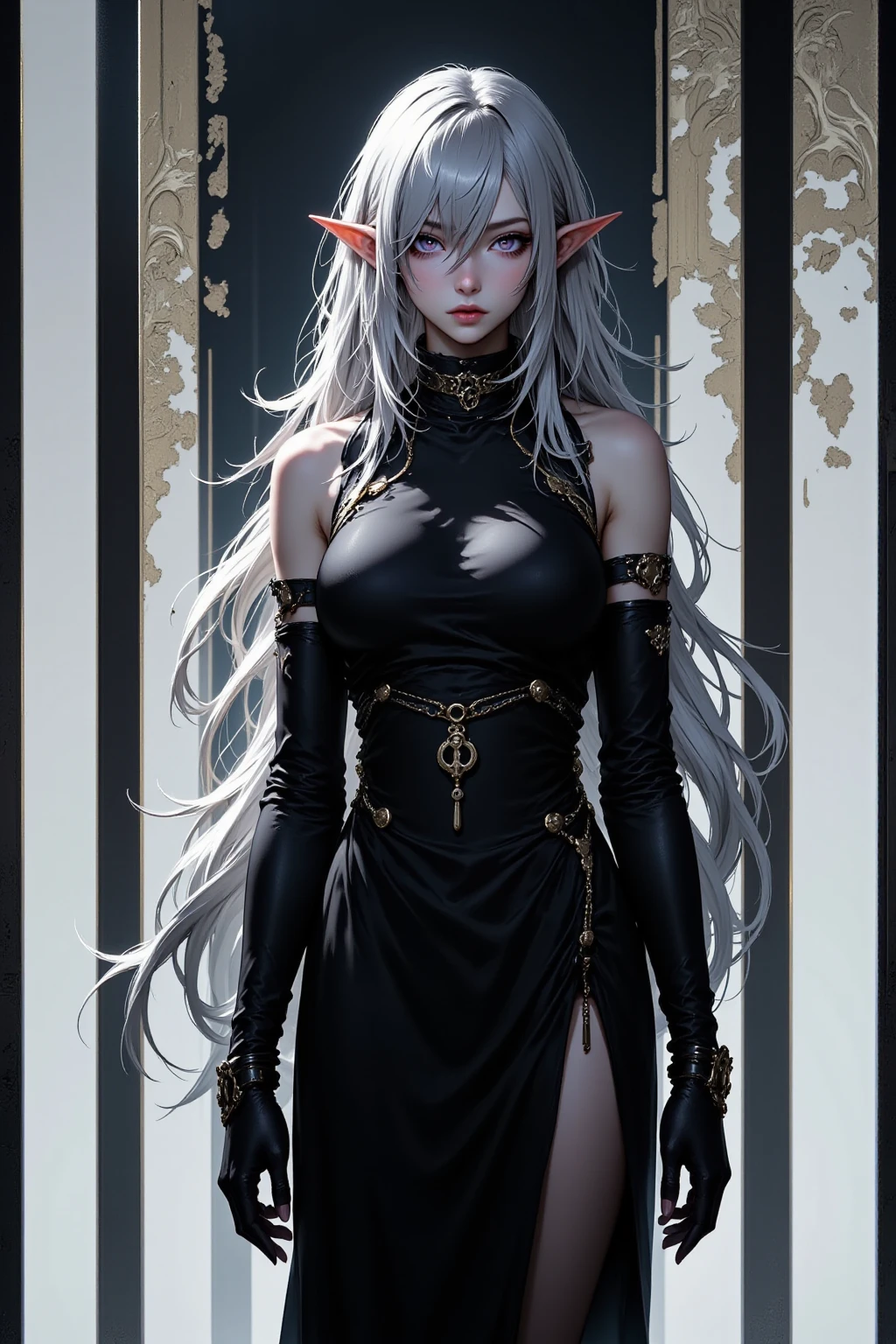 pale young divine gothic priestess, twintails, pure white skin, rust decay, Beautiful full body symmetrical portrait, Delicate blonde hairstyle, crimson eyes, dark red elegant gothic armor, encrusted with red gems, dark cathedral, masterpiece, Highest image quality, super detailing, upscaled, art by Zdzislaw Beksinski, art by H.R. Giger, absurdres, highres, (official art, beautiful and aesthetic:1.2), real, 4k, 8k,