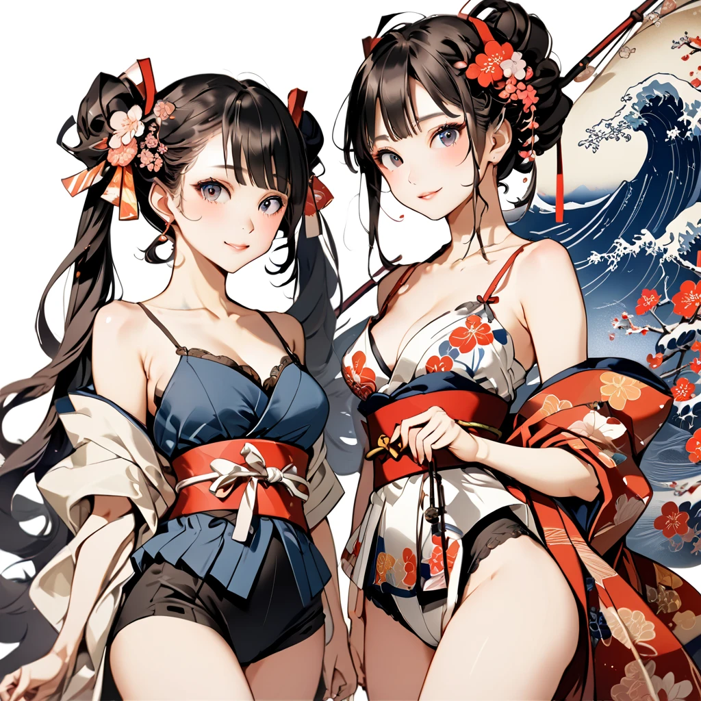 (highest quality, masterpiece, High resolution)、(Anime Art)、 (reality)、Beautiful Japanese Women、(Two Women)、18-year-old、(Please put your hands on your hips)、(Detailed depiction of a beautiful face)、Smiling Kindly、Small breasts、Slim figure、Medium Short Hair、semi-long、Hair Bun、Wet 水着、bikini、モノキニbikini、A pareo skirt with bold ethnic patterns and plenty of primary colors、Realistic Skin、Wet、whole body、No zoom、No close-ups、Cinematic Light、Tropical colors、((Blank Background))、((White Background))、