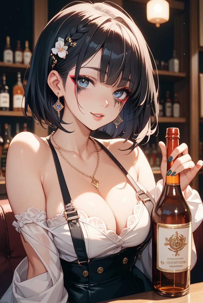 nsfw, masterpiece, 1 girl, erect , intricately detailed, topless, pubs, table, crowd, navel, bare shoulders, necklace, beer, tavern, inn, pub, crowd, maid skirt, waist apron, gray hair, embarassed, smiling, extremely detailed, photorealistic, octane render, 8 k, unreal engine, bare breasts, , green eyes, carrying beer tray, bare stomach, sweaty, people on background, oktoberfest, smiling, moist breath, child, arm strap, breasts, noelle_genshin, braid, short hair, hair flower, armored skirt, knight skirt