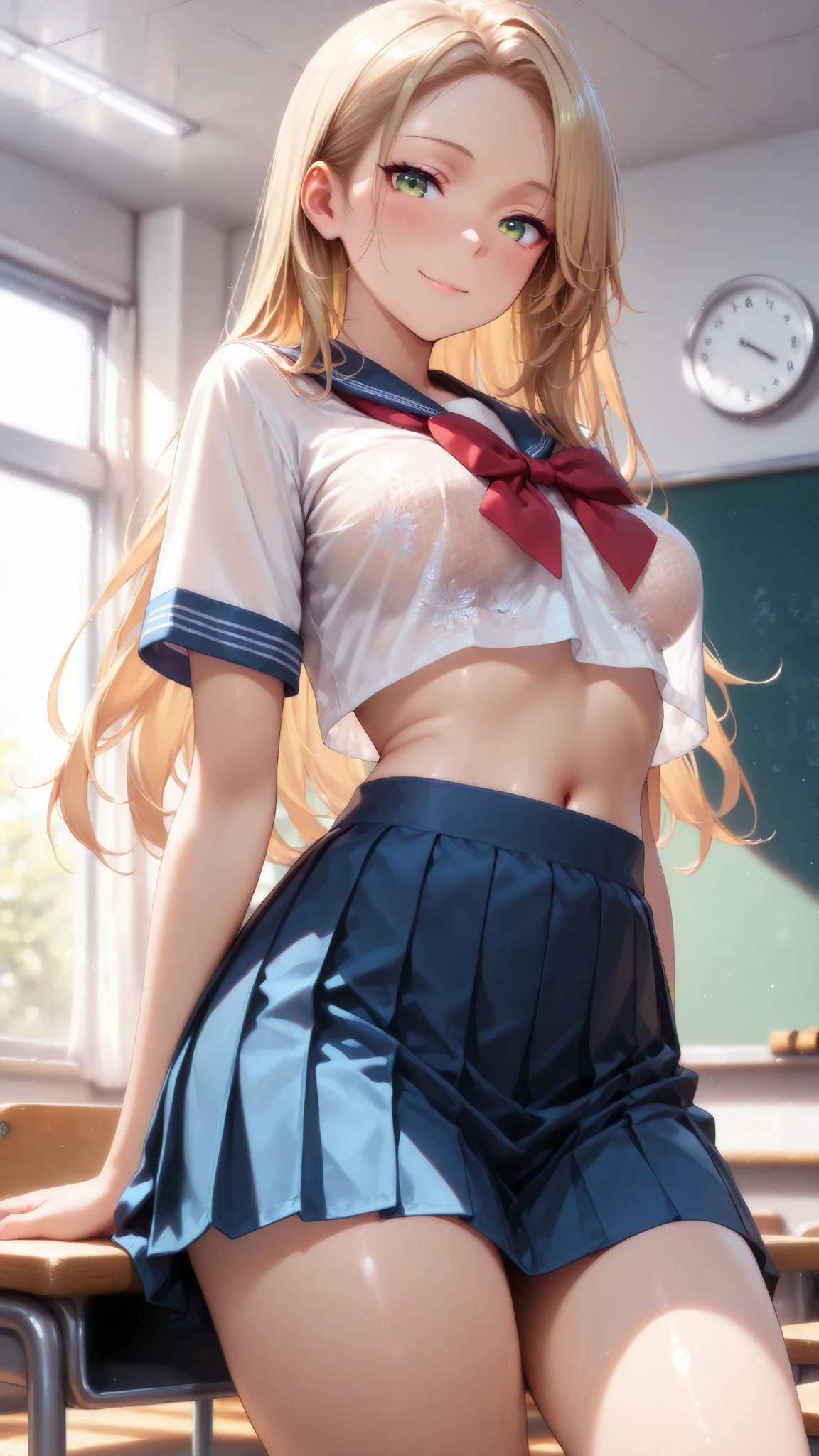 8K,best qualtiy、ultra-detailliert、masterpiece、realisitic、Photo Real、(16-year-old woman、a blond),(((Naked high school student ribbon on top、Below is a high school skirt with a plaid pattern))),((((Grab the skirt with both hands、Show me the crotch of my panties))))、((red blush、embarassed expression、watching at viewers))、(Half body shot)、(inside in room)、((Angle from directly below、Focus on the crotch、Background blur))、((small tits、Very skinny body、very thin thighs、very slender legs))、