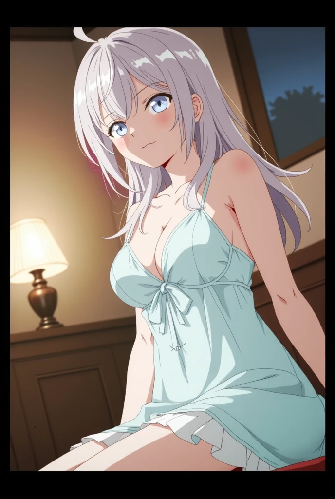 anime art style, 2d, masterpiece, best quality, very aesthetic, absurdres, dynamic shadows, atmosferic, vladilena_millize, (1girl), ((silver hair)), long hair, (silver eyes), narrowed eyes, detailed eyes, ahoge, hair between eyes, bangs, medium breasts, smile, nightgown, see-through, garter straps, ((cowboy shot)), standing, ((from front)), indoors, bed, window, city, french city, walls, cell-lights, looking at viewer