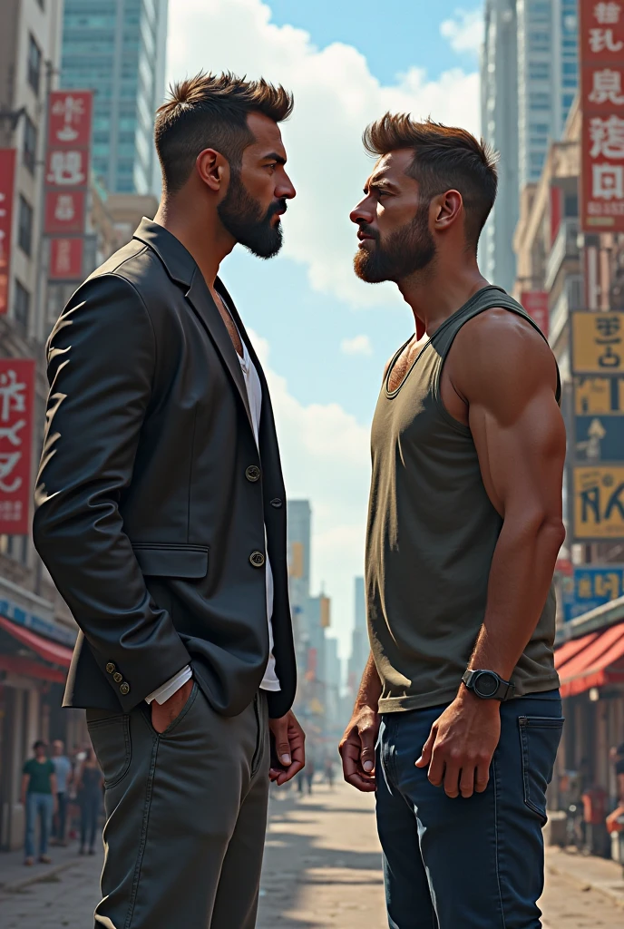 Two male friends are standing facing each other on road, one has a stone in his hand, 