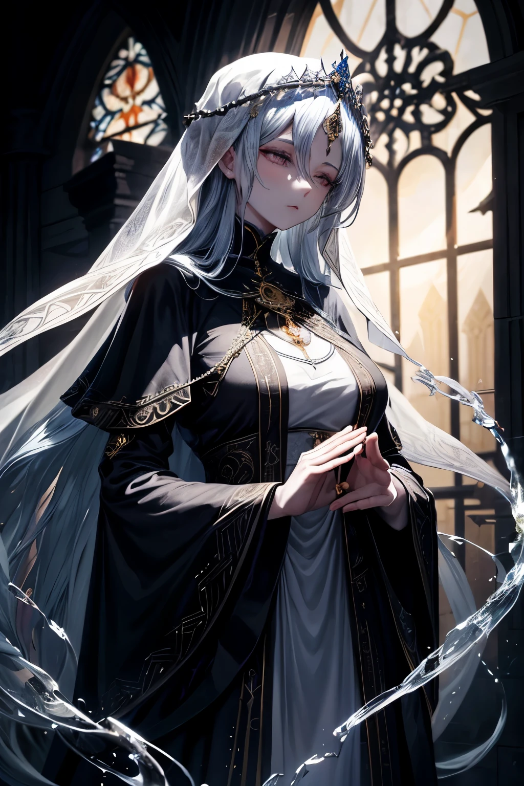 (Style by NTY:1.4), female, dark, mature, under the moonlight, in heavy white robes, intricate, looking up at the sky, tan skin, long shot