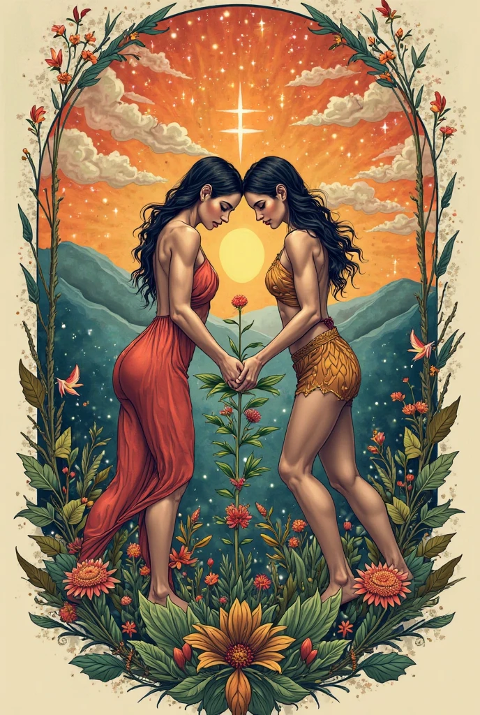old style pencil drawing of the moon and the sun, On the moon side a naked woman and on the sun side a naked man, Together with their hand they grab a golden cup