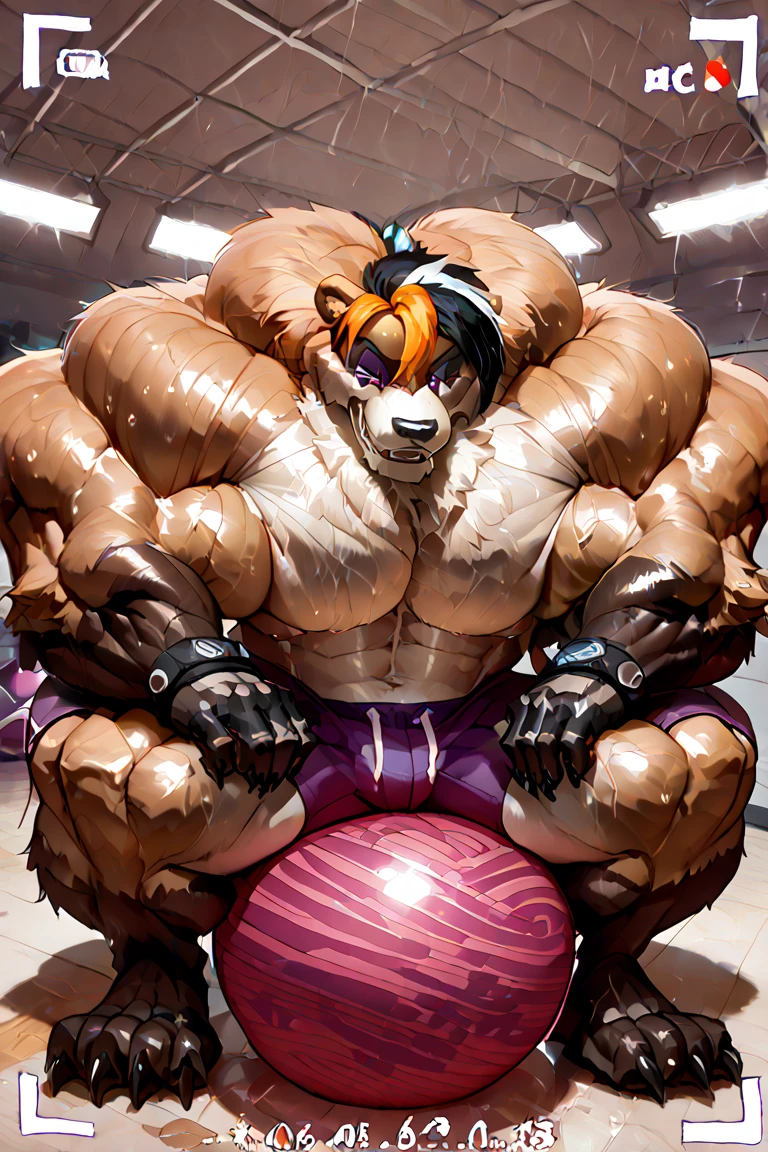 Glamrock overly muscular adult Freddy wears a red thong and shoulder pads of the same color sweaty in the GYM flexing his muscles with a sexy and flirtatious self-confident look