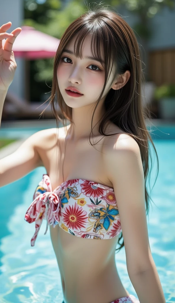 Close-up of a woman in a bikini in the water, japanese model, gorgeous bikini model, pink bikini, swimsuit, in a bikini, ((lightbrownhair)),((Medium chest 1.3)),gorgeous young korean woman, beautiful korean woman, wearing two - piece swimsuit, beautiful asian girl, cute bikini, wet swimsuit, swimsuit, young sensual gravure idol,Trees on both sides々The rough canal lined with々nice view, cherry blossomsの花 trees, cherry blossomsの木, cherry blossomsの花 forest, cherry blossoms, lush cherry blossomsの木, cherry blossomsの花s, detailed tree in bloom, cherry blossomsの木, cherry blossomsの花 rain everywhere, The blossoming road leading to heaven, cherry blossomsの木, cherry blossomsの花, in a calm landscape, beautiful tree々