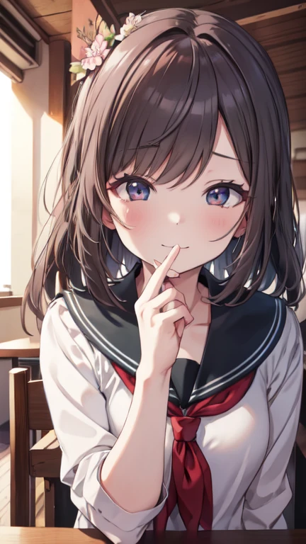 Very detailed、(8k, RAW Photos, highest quality, masterpiece:1.2), (Very detailed 8k wallpaper),shape、Professional Lighting,Sharp focus, Written boundary depth、
Browsing Caution、Clear Eyes、Perfect Anatomy、Two girls、、Cute girl、、Short sleeve serafuku 、(blush:1.5)、、Black Hair、、Plump thighs、Sit on a chair、From above、