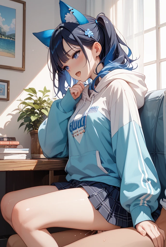 high quality, 最high quality、 Stylish design, (((The cutest girl))), ((Thin legs))、(((最high quality))), High resolution, ((detailed)), ((masterpiece)), ((Super detailed)), 14-year-old girl、Black Hair、Inner Color、((On the sofa),underwear),((Sexual))