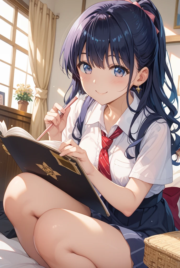 elementary school girl 8-year-old flat chest black hair long hair eyes are purple ((1 person)) White upper body blouse Lower body navy blue miniskirt white panties girl's room sitting on the bed opening and reading a magazine((white pantiesが見える)) from the front Lower body center angle