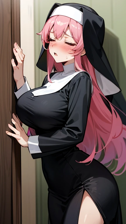ariana grande in closet, pews in background, sexy nun outfit, big breasts, (big breasts:1.2), cleavage, holding prayer beads, and demon ,raping  nun