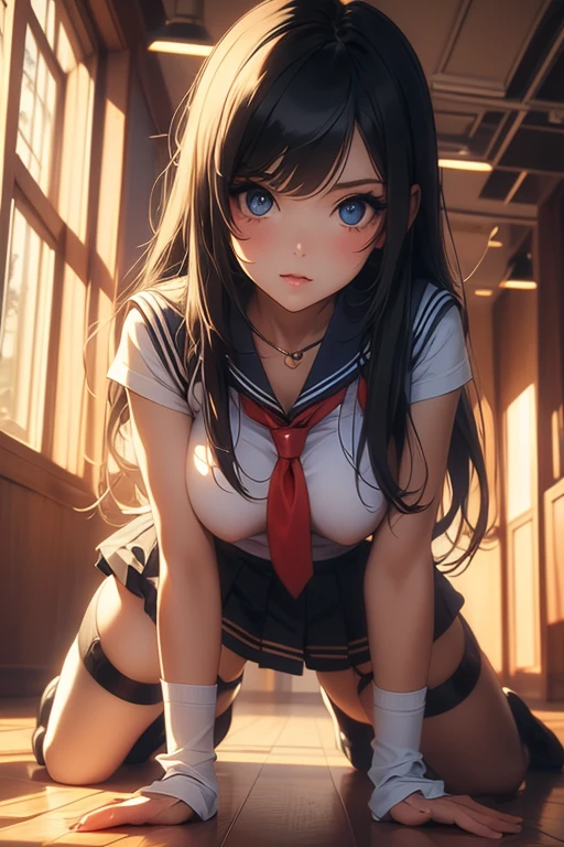 ((((1girl in)))),((Best quality, 8K, Masterpiece,photorealistic: 1.3)), (ideal ratio body proportions:1.7),(Sharp: 1.3),( Perfect body skinny beauty: 1.4), (Slim abs: 1.3),(thigh gap:0.0), ((Layered Hair Style,blonde hair, small breasts,cleavage: 1.2)), Pink areola, (sailor school outfit: 1.6), (bath room: 1.4), (dynamic gravure pose:1.6),(Highly detailed sexy cute face and skin texture:1.5),super model body, (Detailed beautiful eyes:1.5),(from side:1.1),( Looking at the camera:1.4),(orgasm,ahegao:0.0),(dark skin:1.1),(from above:-0.0),(looking at viewer:1.5),(face focus:1.5),(kneeling:1.5),