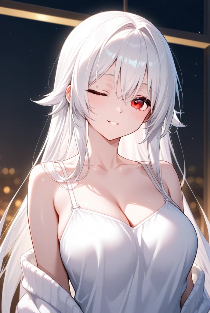 ((Masterpiece, Best quality))++, Detailed light+,  Detail hair+, detail hand+ ,1girll, woman, Long hair,   dark red eye,  Beautiful eyes, Young gray hair,,(Beautiful white hair:1.5),(Beautiful detailed eyes), ,    high resolution+,   Masterpiece,  , Glass tones, Reflective eyes,  {{Angle}} , extremelydetailedwallpaper, Original,full bodyesbian,office room,upper legs, Beth