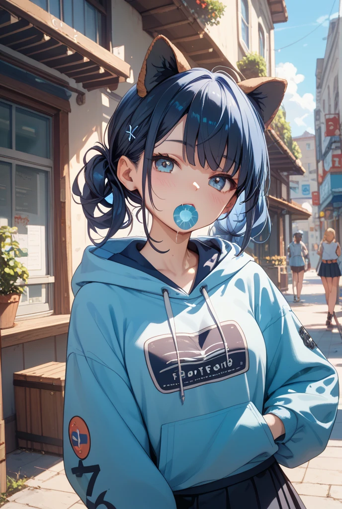 Anime girl, face: cuteness and smiling, eyes: cute and blue colour, clothes: modern clothes blue colour, hair: half black and half blue with best hairstyle, background: dark black, image type: ultra realistic 8k.
