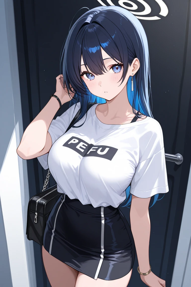 Realistic, outdoor, park, wide angle, raining, NSFW, soaking wet, 1girl, long hair, shy, smirking, blushed, POV, from above, wide angle, standing, casual clothes, t-shirt, skirt, navel, light rays, glow, (masterpiece), wallpaper