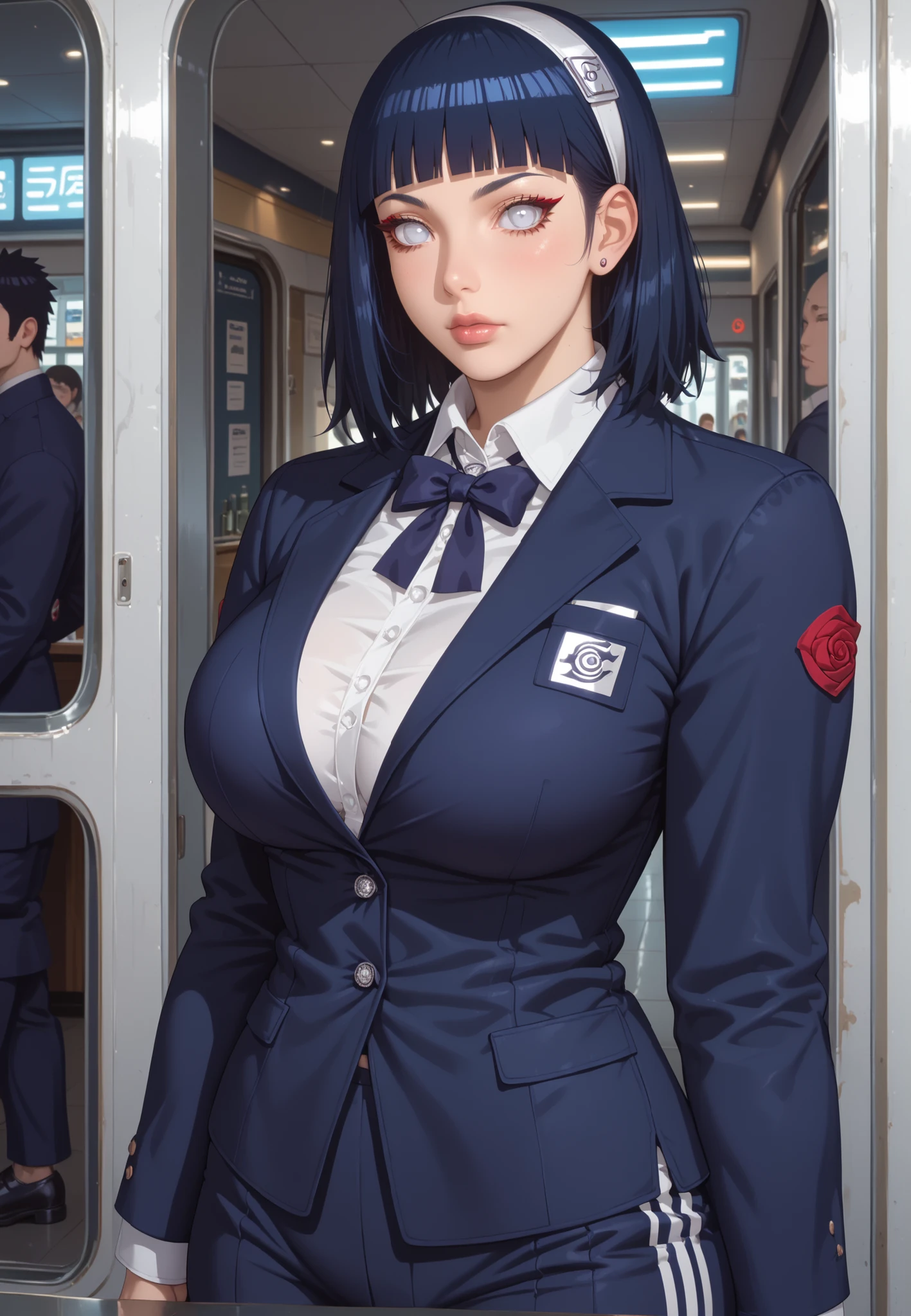 score_9,score_8_up,score_7_up,solo,looking at viewer, Hyūga _Hinata's/Boruto, White Eyes, Medium hair, Her's Long Bangs one that covers her face and the other hangs behind her head down past her shoulders,Dark Blue hair, Huge Breasts,(Future Era, Alternate Sci Fi Of Naruto Universe) (the secret underground bar)), lustfull Female, Very Attractive Woman, Perfect Body, formal, work attire - design your absolute favorite uniform!, Victorian-Style School uniform, Track Pants and Mask, Detailed Eyelashes, Perfect Thick Eyelashes, Dark-Red Eyelashes, Cyber Templar Organization Leader, Standing, Full Body Focus Shot.
