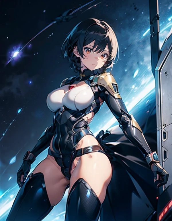 (best quality:1.2,highres:1.2,ultra-detailed,realistic:1.37),beautiful woman,detailed eyes,detailed face,full body,space background,neon colors