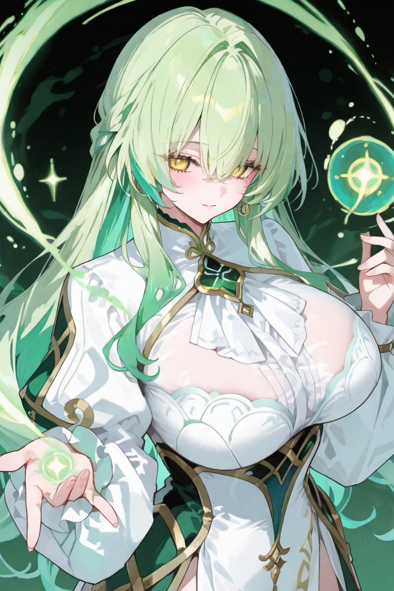 Blue eyes, dark dark green hair, dark hair color, voluminous dark green hair, voluminous dark green hair, long straight hair, small breasts, strong gaze, looking at me shyly, sparkling eyes, dress like Emilia from "Re:Zero kara Hajimei", white armored Dress, large white cape with one-pointed purple pattern on white background, purple hairpin, dark room with sofa, face in focus, fresh smile, big droopy eyes, blue eyes, cute expression