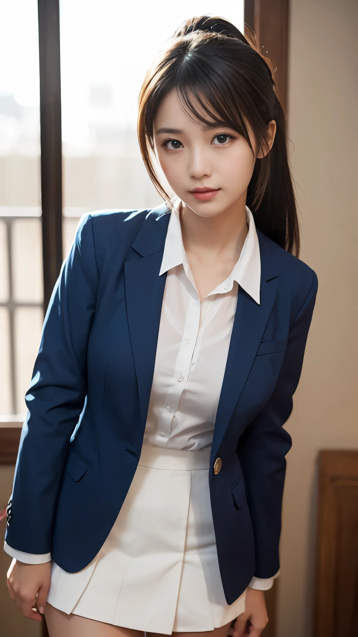 ((masterpiece, Highest Quality, high resolution)), Japanese ******girl、(realistic: 1.4), smile、great face,glossy lips、******, ponytail、(beautiful hair:1.5), Japanese High School Uniform、beautiful breasts、( navy blue blazer、 Navy Blue Jacket)、(white dress shirt)、(red tie)、(Very Short Miniskirt)、Take a full-body selfie in front of the mirror in your room、very detailed fingers、angle from the front when it's on the ground, smooth, highly detailed CG synthetic 8K wallpaper, high resolution RAW color photos, Professional Photoshoot, light, Backlight, dreamy, Impressive, writing boundary depth, (face up:1.4)