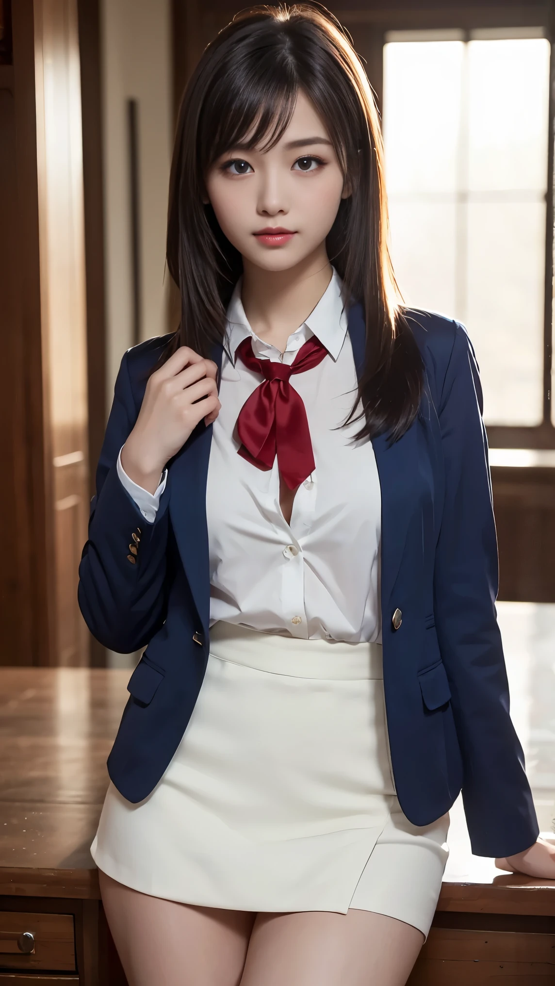 ((masterpiece, Highest Quality, high resolution)), Japanese ******girl、(realistic: 1.4), smile、great face,glossy lips、******, ponytail、(beautiful hair:1.5), Japanese High School Uniform、beautiful breasts、( navy blue blazer、 Navy Blue Jacket)、(white dress shirt)、(red tie)、(Very Short Miniskirt)、Take a full-body selfie in front of the mirror in your room、very detailed fingers、angle from the front when it's on the ground,  smooth, highly detailed CG synthetic 8K wallpaper, high resolution RAW color photos, Professional Photoshoot, light, Backlight, dreamy, Impressive, writing boundary depth, (face up:1.4)