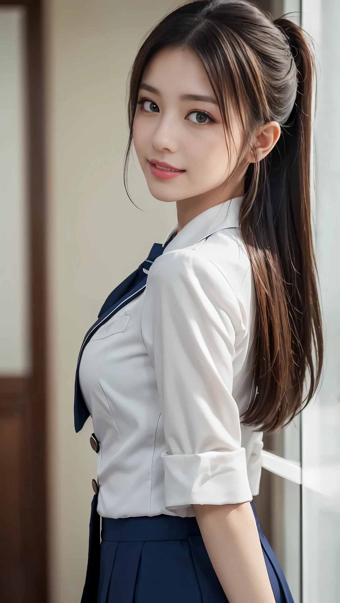 ((masterpiece, Highest Quality, high resolution)), Japanese ******girl、(realistic: 1.4), smile、great face,glossy lips、******, ponytail、(beautiful hair:1.5), Japanese High School Uniform、beautiful breasts、( navy blue blazer、 Navy Blue Jacket)、(white dress shirt)、(red tie)、(Very Short Miniskirt)、Take a full-body selfie in front of the mirror in your room、very detailed fingers、angle from the front when it's on the ground,  smooth, highly detailed CG synthetic 8K wallpaper, high resolution RAW color photos, Professional Photoshoot, light, Backlight, dreamy, Impressive, writing boundary depth, (face up:1.4)