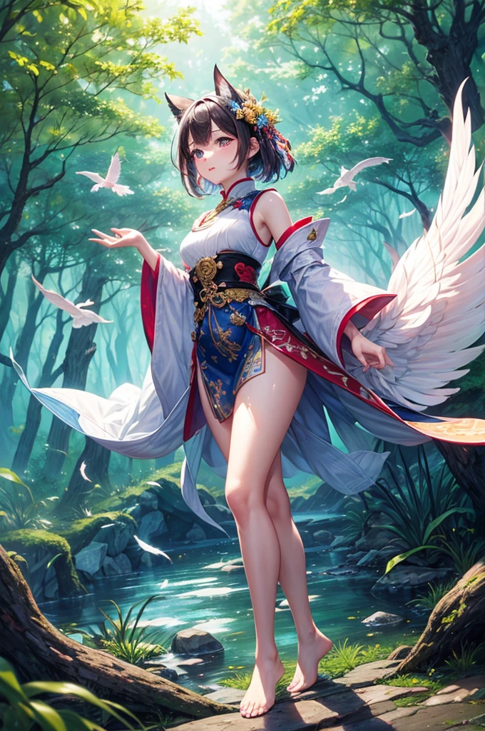 Japanese painting, ukiyo-e style, owl in the night, eyes shining, wings spread and gliding, forest below